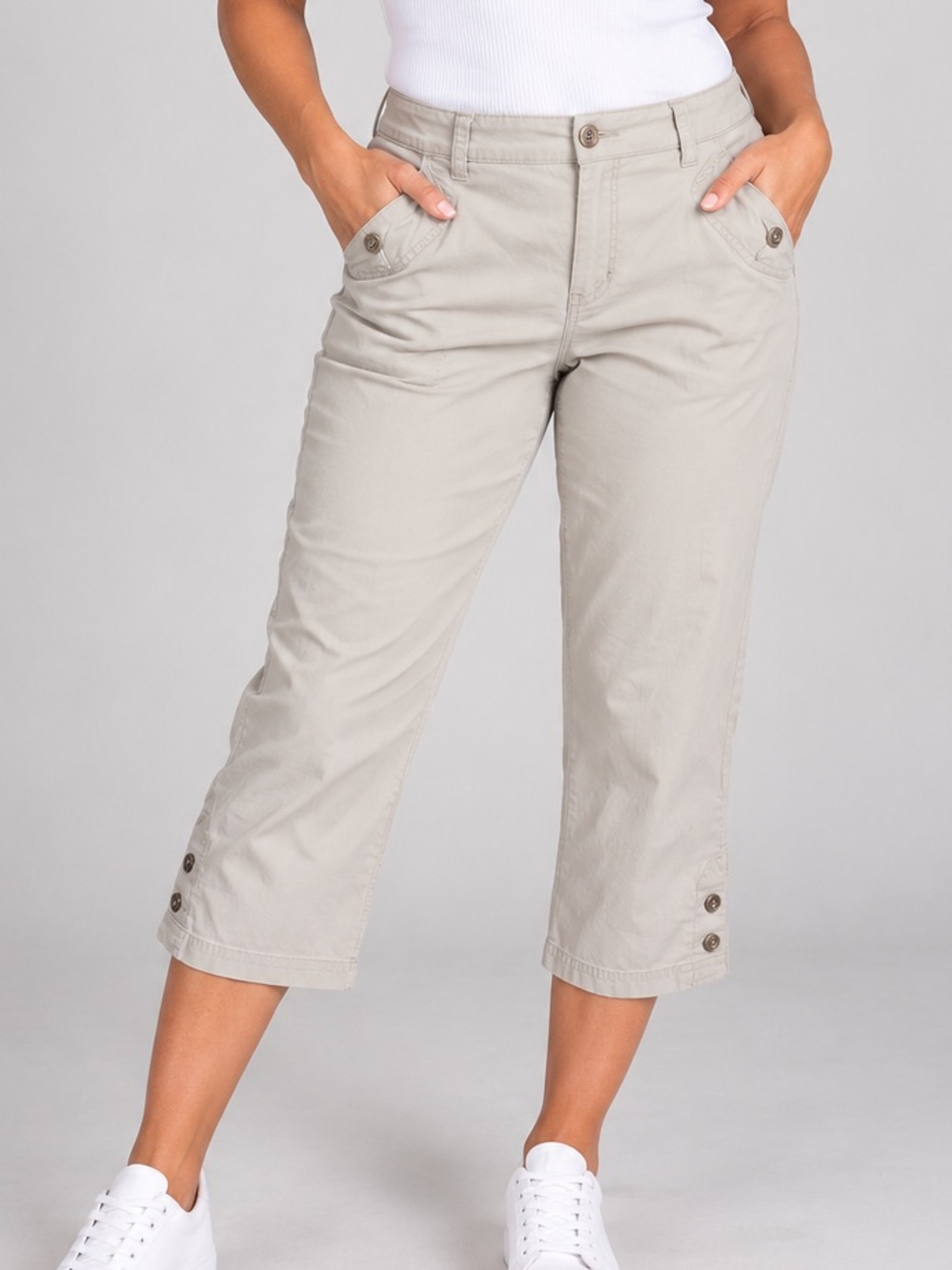 Karen Scott Light Khaki Cropped Button-Hem Capris